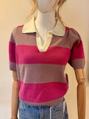 Lucky Striped Polo Sweater Top in Pink & Taupe with Cream Collar